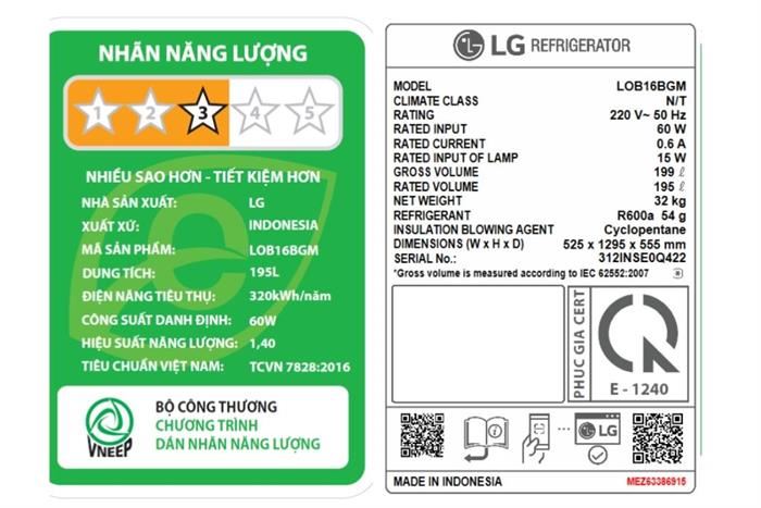 Tủ lạnh LG Inverter 195 lít LOB16BGM